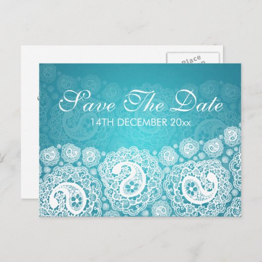 Elegant Bewaar de datum Paisley Lace Blue Aankondigingskaart (Voorkant / Achterkant)