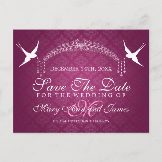 Elegant Bewaar de datum Vogels Monogram Roze Briefkaart (Voorkant)