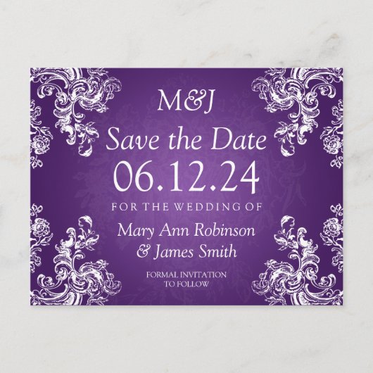 Elegant Bewaar de datum  wervelingen 2 Paarse Aankondigingskaart (Voorkant)