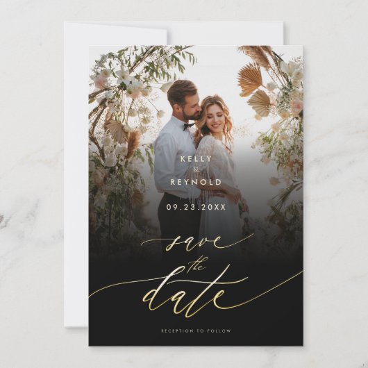 Elegant Bewaar de datum Zwart Goud Foto Bruiloft Kaart (Voorkant)