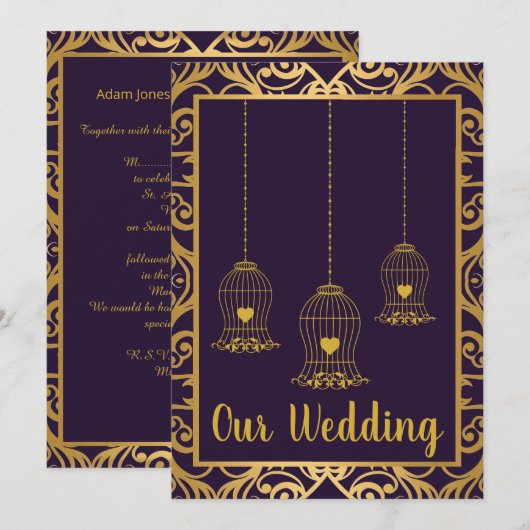 ELEGANT BIRDCAGE NAVY GOLD ABSTRACT WEDING KAART (Voorkant / Achterkant)