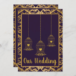 ELEGANT BIRDCAGE NAVY GOLD ABSTRACT WEDING KAART