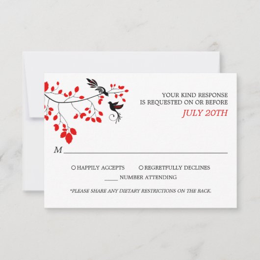 Elegant Birds On Tree Branch RSVP Rood en Zwart (Voorkant)