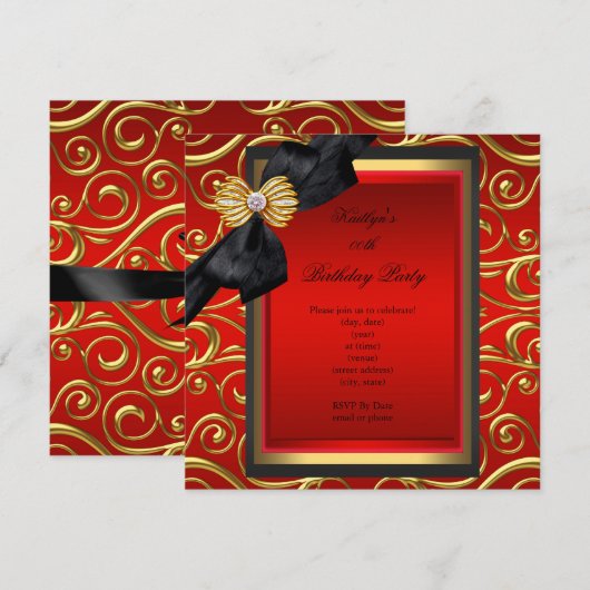 Elegant Birthday Black Damask Red Gold Kaart (Voorkant / Achterkant)