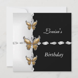 Elegant Birthday Black White Gold Bronze Butterfly Kaart