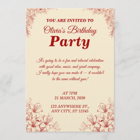 Elegant Birthday Invitation Card – Custom Floral D (Devant)