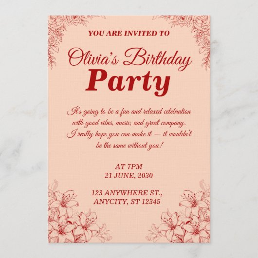 Elegant Birthday Invitation Card – Floral Design (Devant)