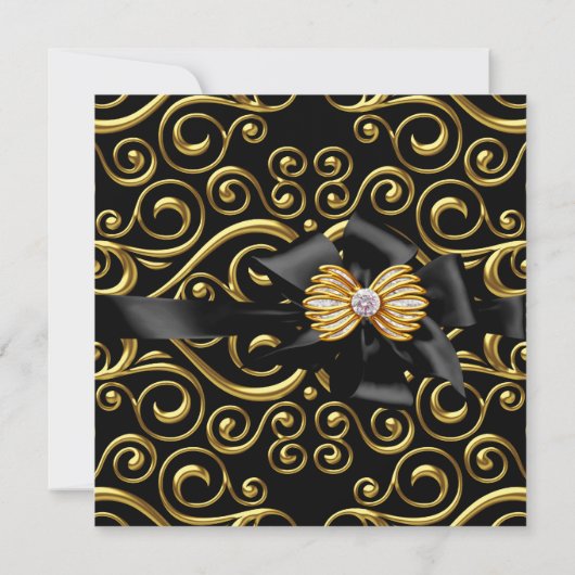 Elegant Birthday Party Black Damask Gold Kaart (Achterkant)