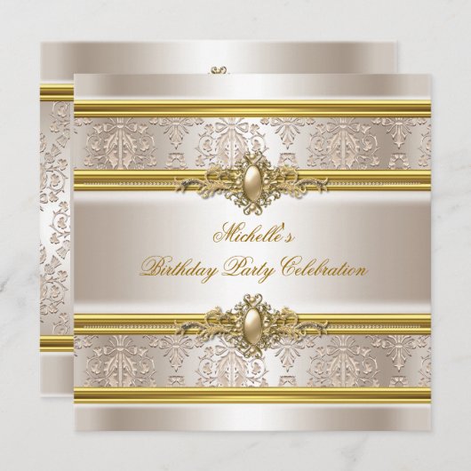 Elegant Birthday Party Damask Cream Gold Pearl Kaart (Voorkant / Achterkant)