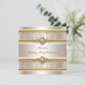 Elegant Birthday Party Damask Cream Gold Pearl Kaart (Staand voorkant)