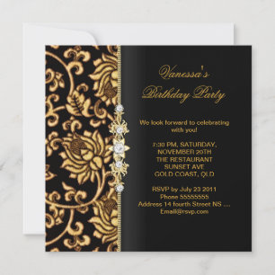 Elegant Birthday Party Gold Black Brocade Kaart