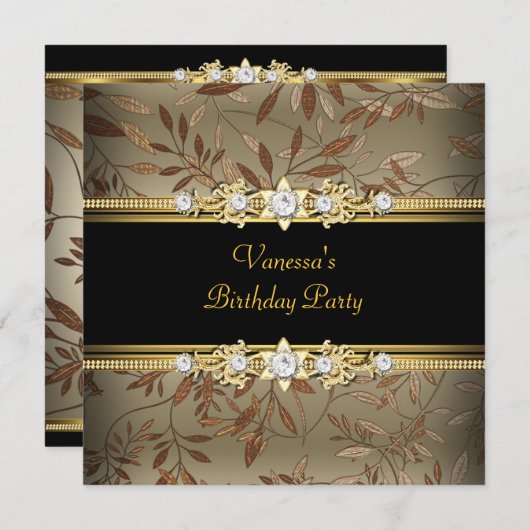 Elegant Birthday Party Gold Black Floral Brown Kaart (Voorkant / Achterkant)