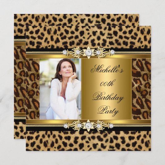 Elegant Birthday Party Gold Black Leopard Kaart (Voorkant / Achterkant)