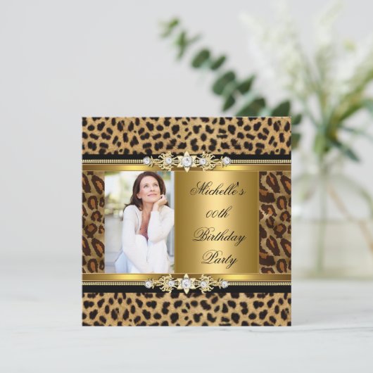 Elegant Birthday Party Gold Black Leopard Kaart (Staand voorkant)