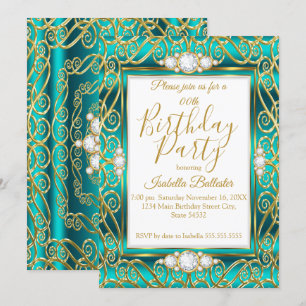 Elegant Birthday Party Gold Blauwgroen Jade Diamon Kaart