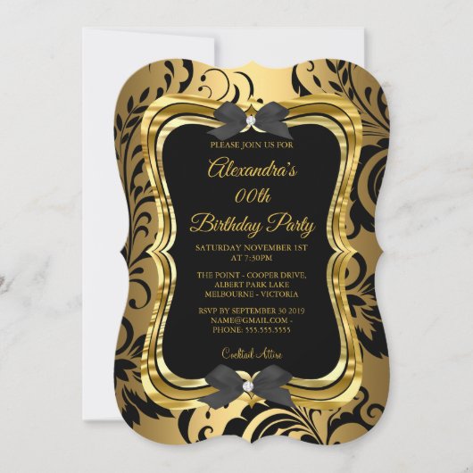 Elegant Birthday Party Gold Golden Black Floral Kaart (Voorkant)
