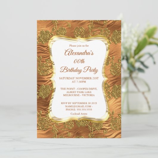 Elegant Birthday Party Gold Rust Copper Damask Kaart (Staand voorkant)