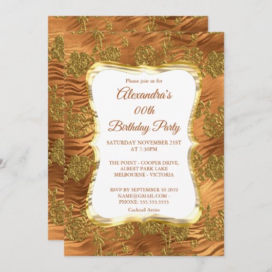 Elegant Birthday Party Gold Rust Copper Damask Kaart (Voorkant / Achterkant)