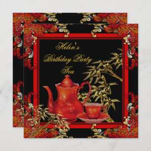 Elegant Birthday Party Tea Red Gold Bamboo Kaart