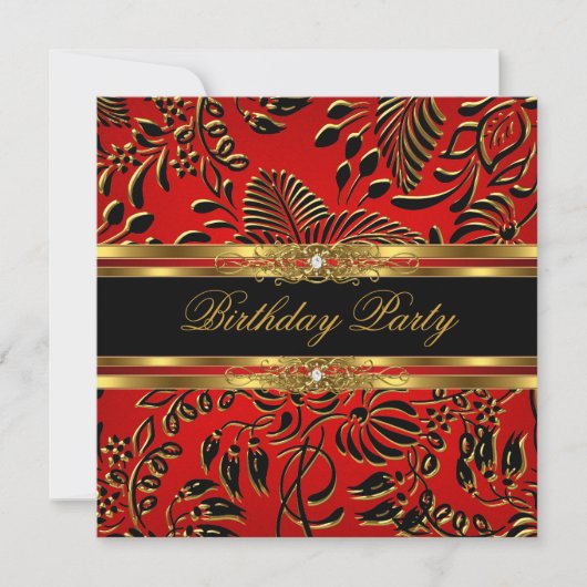 Elegant Birthday Red Black Gold Damask Kaart (Voorkant)