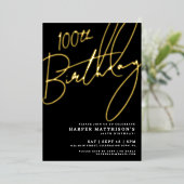 Elegant Black 100th Birthday Gold Folie Uitnodiging (Staand Voorkant)