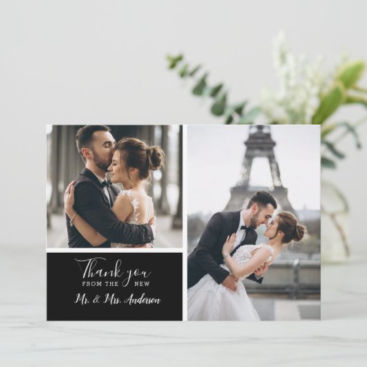 Elegant Black 2 Photo Collage Wedding Bedankkaart (Staand voorkant)