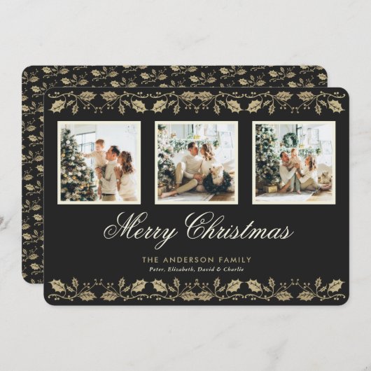 Elégant Black 3 Photo Joyeux Noël Carte (Devant / Derrière)