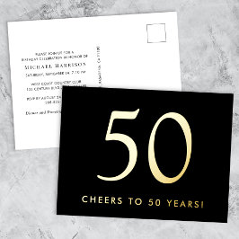 Elegant Black 50th Birthday Party Gold Folie Uitnodiging Briefkaart