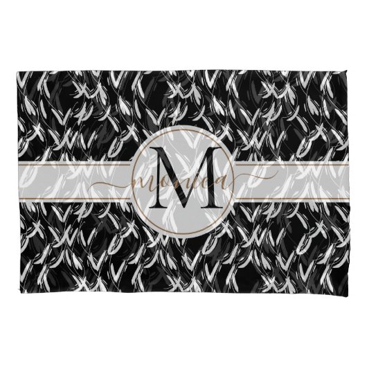 Elegant Black Abstract Floral Gold Monogramed Kussensloop (Voorkant)