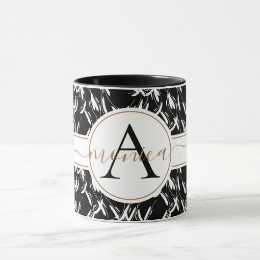 Elegant Black Abstract Floral Gold Monogramed Mok (Midden)