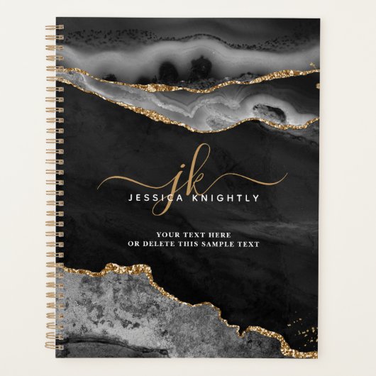 Elegant Black Agate Gold Glitter Script Monogram Planner (Voorkant)