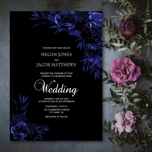 Elegant Black and Blue Floral Wedding Kaart