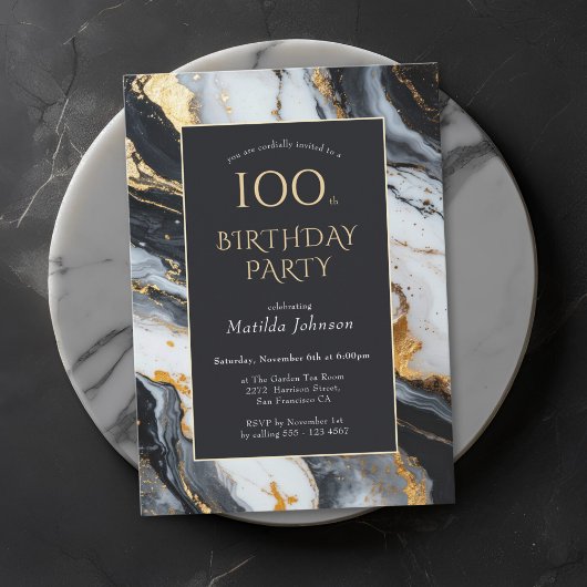 Elégant Black and Gold 100th Birthday Invitation
