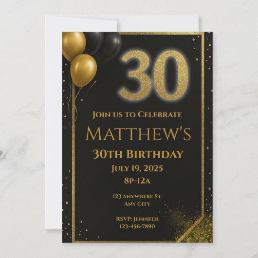Elégant Black and Gold 30th Birthday Invitation (Devant)