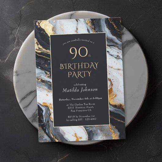 Elégant Black and Gold 90th Birthday Invitation