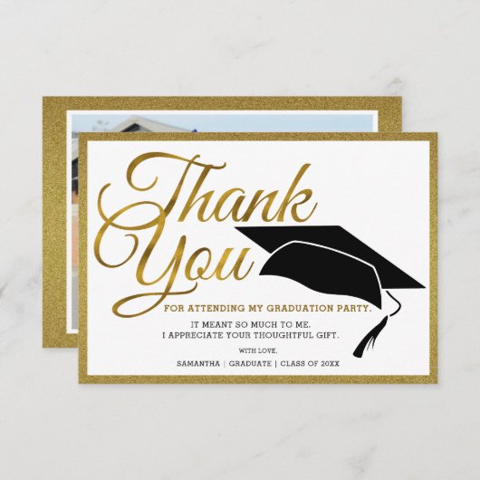 Elegant Black and Gold Afstuderen Photo Afstuderen Bedankkaart (Voorkant / Achterkant)