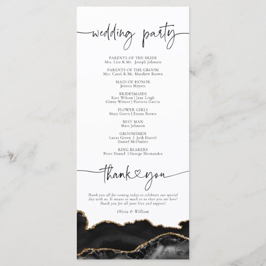 Elegant Black and Gold Agate Wedding Program Menu (Achterkant)