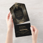 Elegant Black and Gold Art Deco Wedding All In One Uitnodiging (Afscheurbaar)
