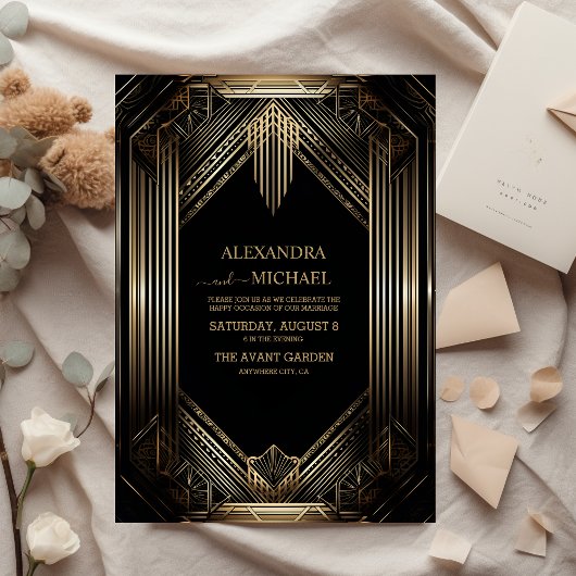 Elegant Black and Gold Art Deco Wedding Folie Uitnodiging