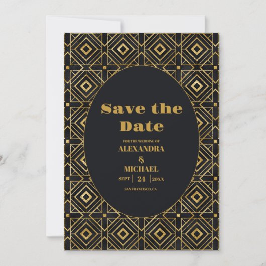 Elegant Black and Gold Art Deco Wedding Save The Date (Voorkant)