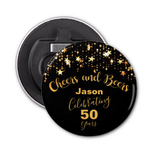 Elegant Black and Gold "Cheers and Beers" Button Flesopener