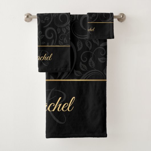 Elegant Black and Gold Floral Name Monogram Bath T Bad Handdoek (Insitu)