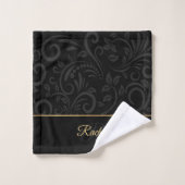 Elegant Black and Gold Floral Name Monogram Bath T Bad Handdoek (Wasdoekje)