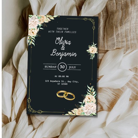Elegant Black and Gold Floral Wedding Invitation