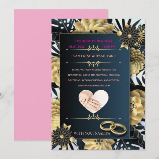 Elegant Black and Gold Floral Wedding Invitation (Devant / Derrière)
