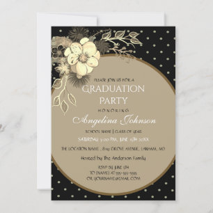 Elegant Black and Gold Flowers Graduparty Kaart