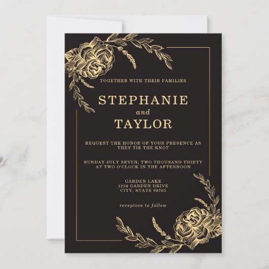 Elegant Black and Gold Foil Rozen Wedding Kaart (Voorkant)