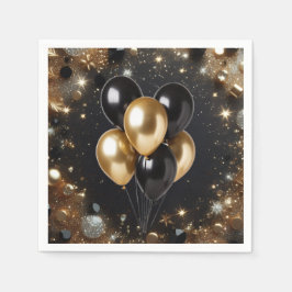 Elegant Black and Gold Glitter Balloon Birthday Servet
