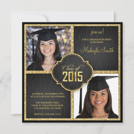 Elegant Black and Gold Glitter Class of 2015 Kaart (Voorkant)