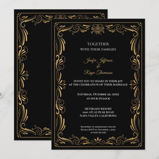 Elegant black and gold Gothic wedding Invitation (Devant / Derrière)